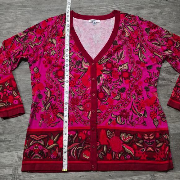 Isaac Mizrahi Live! Red & Pink Floral Print V Neck Button Front Cardigan Sweater - Picture 6 of 7